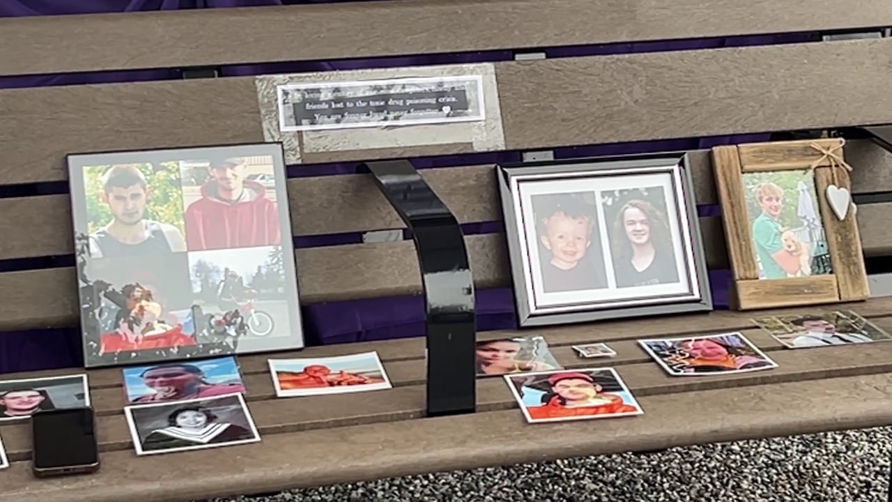 default-140 A bench covered in photos.