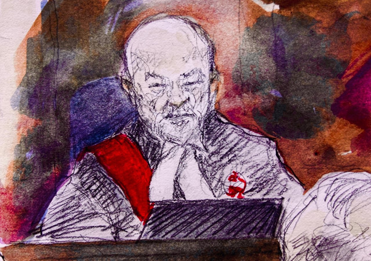 A judge in a courtroom sketch.